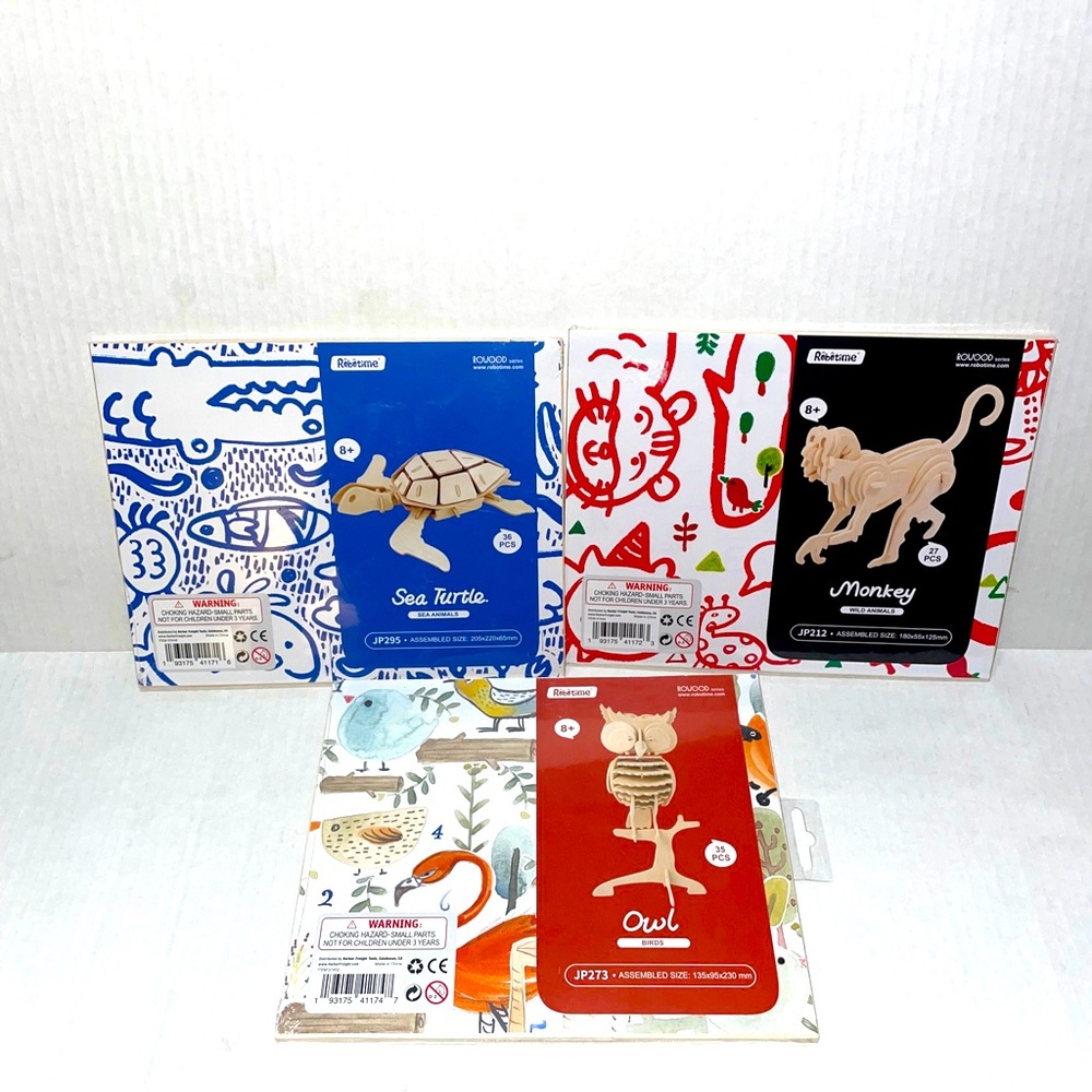 Lot of 3 Pcs New Robotime 3D Laser-Cut Wooden Puzzles - Monkey, Owl, Sea Turtle